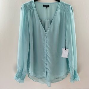 1. State Smocked Detail Button Blouse in Mint Green/ Blue, NWT, Size Small